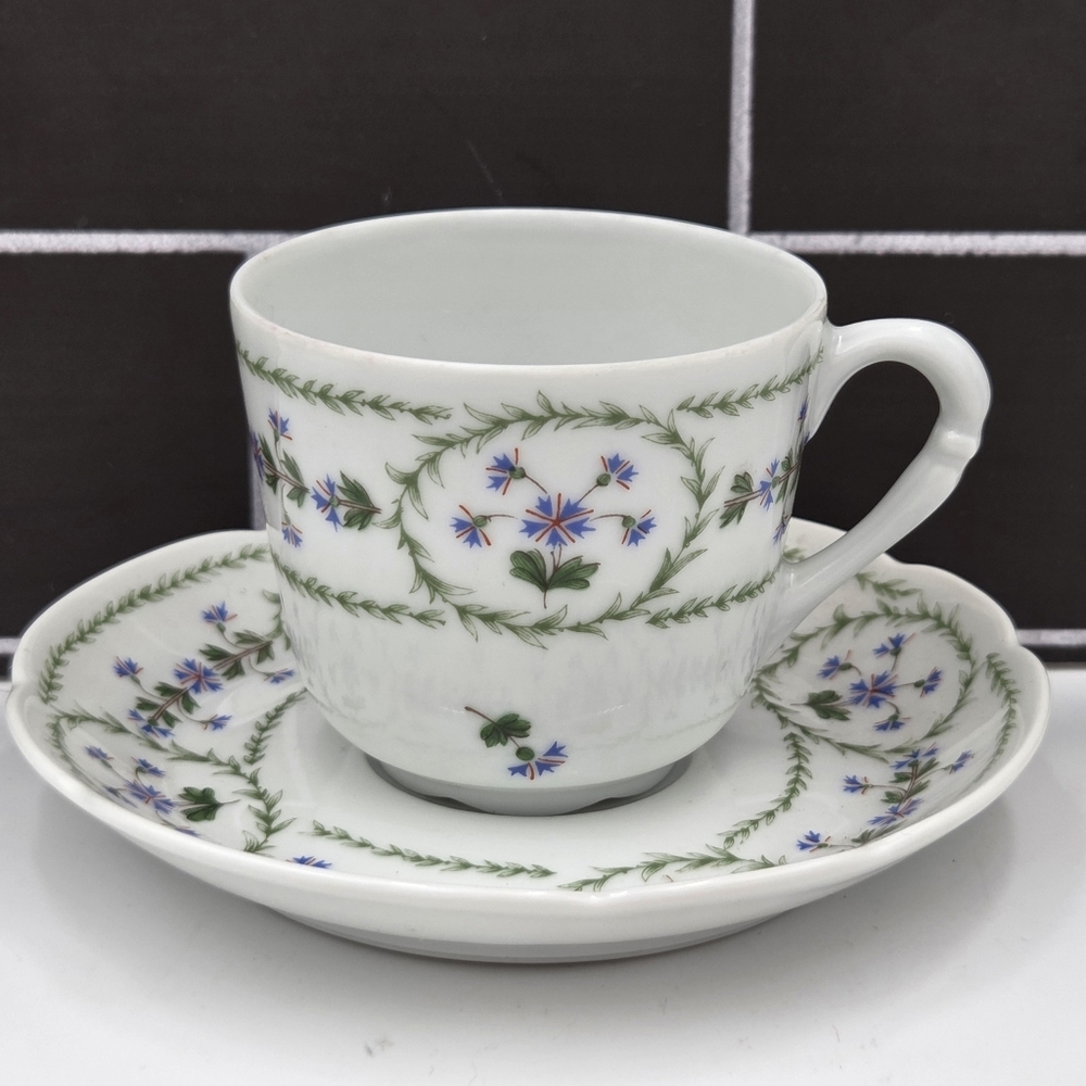Bernardaud Limoges Demitasse Tea Cup & Saucer Blue Cor Flowers Laurel